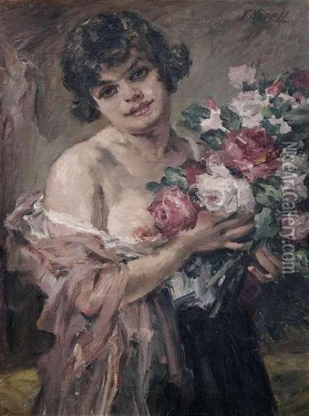 Female Half Nude With A Bouquet Of Flowers. Oil Painting - Paul Kapell