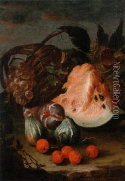 A Slice Of Watermelon, Figs, Cherries And Chestnuts With An Upturned Basket And Grapes On A Stone Ledge Oil Painting - Abraham Brueghel