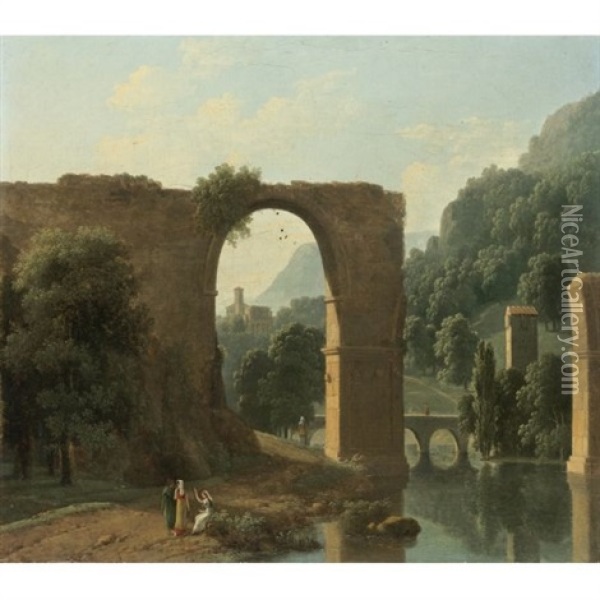 The Ruins Of The Bridge Of Augustus At Narni Oil Painting - Jean Victor Bertin