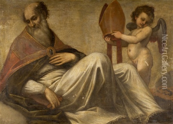 Heiliger Bischof Mit Buch, Wahrscheinlich Ein Kirchenvater Oil Painting - Jacopo Palma il Giovane