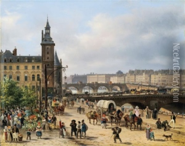 Paris, La Tour De L'horloge Et Le Marche Aux Fleurs Oil Painting - Giuseppe Canella I