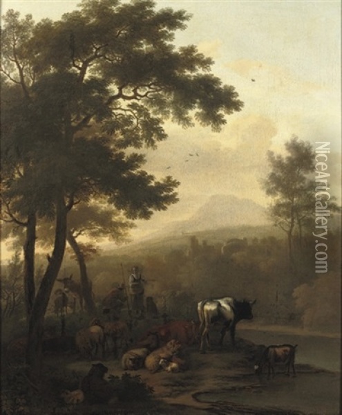A Wooded River Landscape With A Peasant Couple And Their Cattle Oil Painting - Dirk van Bergen