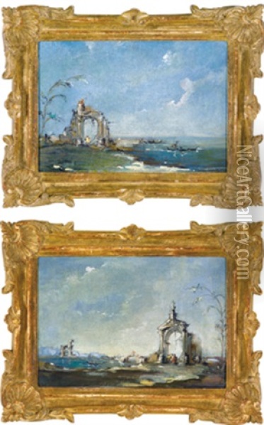 Architekturcapricci Aus Der Lagune Von Venedig - Coppia Di Capricci Veneziani (pair) Oil Painting - Giacomo Guardi