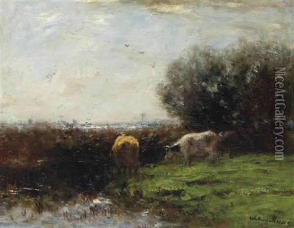 Cows In Dutch Polder Landscape Oil Painting - Willem Maris