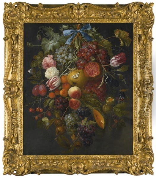Festoon Of Fruit And Flowers, With Butterflies And Other Insects Oil Painting - Jakobus Rootius