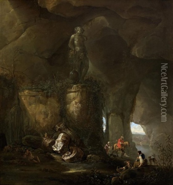 Voyageurs Arrivant Dans La Grotte De Bacchus Oil Painting - Abraham van Cuylenborch