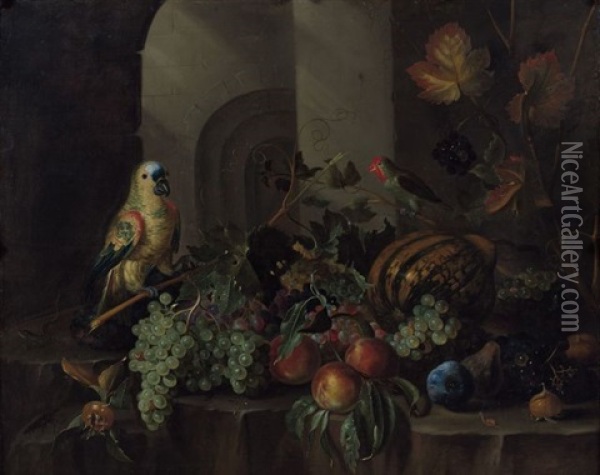 Fruits Et Perroquets Sur Un Entablement De Pierre Oil Painting - Jakob Bogdani