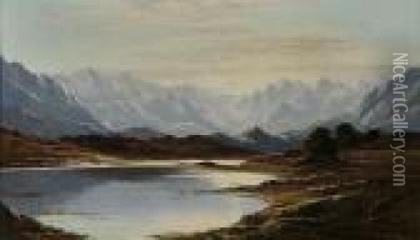 Figures Beside A Mountainous Loch At Dawn, 1880 Oil Painting - Charles Leslie