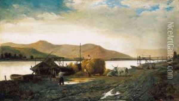 Ships On The Danube Oil Painting - Antal, Antoine Tahi