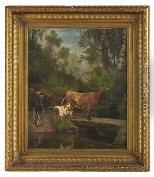 Cattle At The River Crossing Oil Painting - Adolf Heinrich Mackeprang