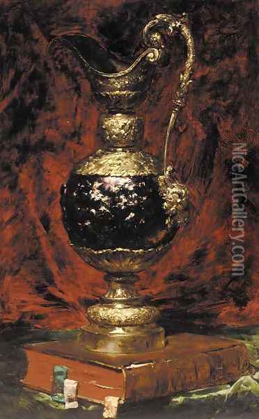 A ewer and a book on a table Oil Painting - Georges Jeannin