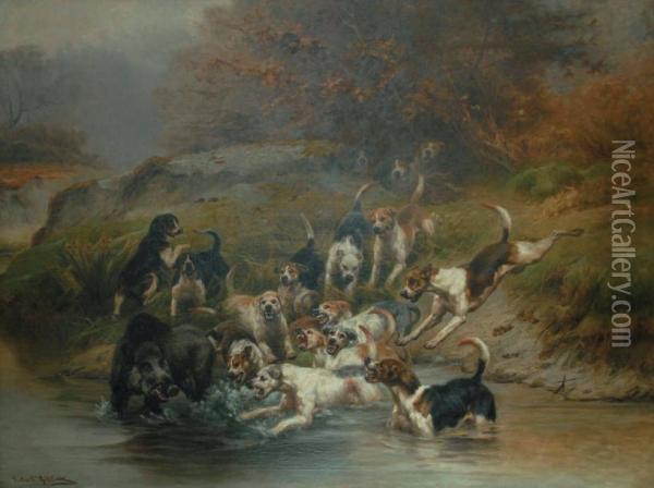 Hallali De Sanglier A L'eau Oil Painting - Jules Bertrand Gelibert