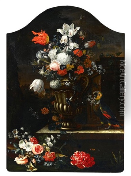 A Still Life With Flowers In A Vase And A Parrot On A Ledge Arched Top Oil Painting - Simon Hardime