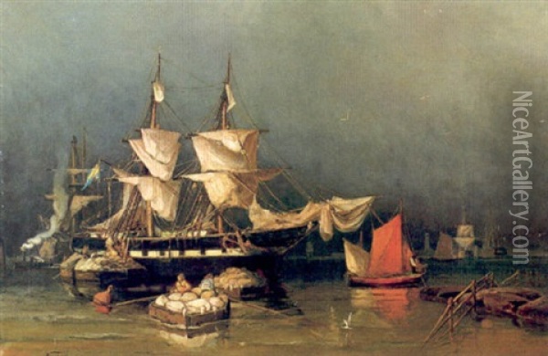 Hamnbild Med Segelfartyg Och Manniskor Oil Painting - Adolf Nordling