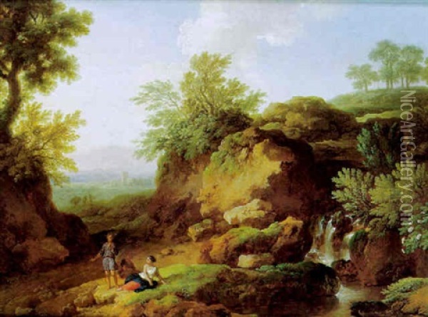 Italienische Landschaft Mit Rastenden Bei Einem Wasserfall Oil Painting - Christian Wilhelm Ernst Dietrich