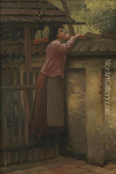 Young Woman Peering Over A Wall. Worn Signature Lower Left. Oil Painting - Ludwig Knaus