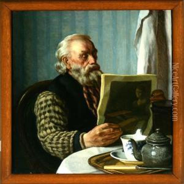 An Old Fisherman Is Reading The Newspaper. Signed S. Vermehren Oil Painting - Sophus Vermehren