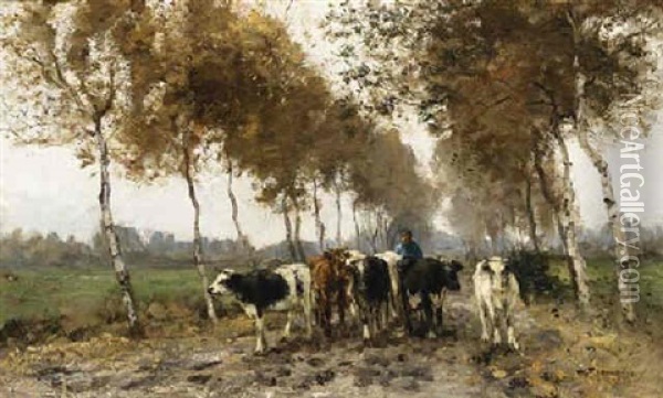 A Farmer And His Cattle On A Country Road Oil Painting - Willem George Frederik Jansen