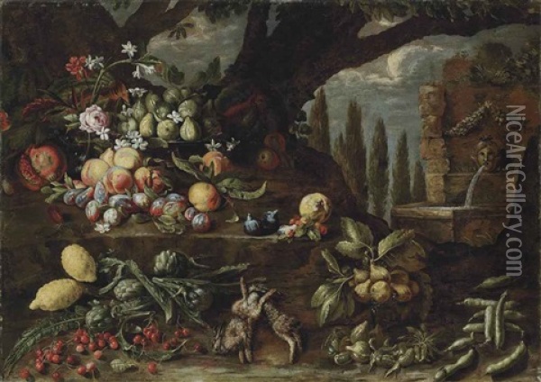 Roses, Carnations, Lilies, Figs, Peaches, Plums, Lemons, Artichokes, Cherries, Other Fruit And Two Dead Hares In A Wooded Clearing, By A Fountain Oil Painting - Michelangelo di Campidoglio