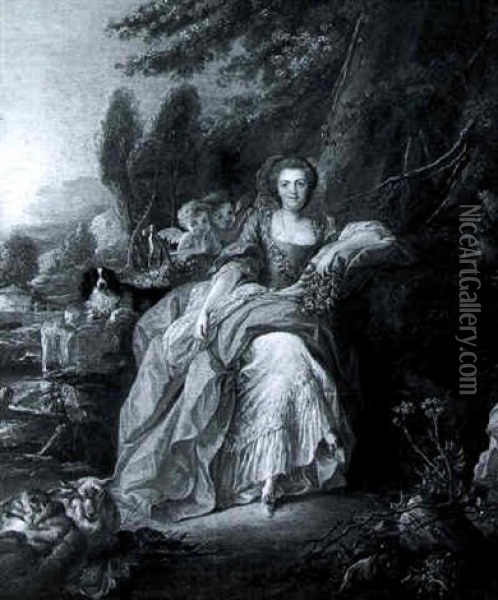 Portrait De Jeune Femme En Robe Rose Dans Un Paysage Oil Painting - Jean Baptiste Huet