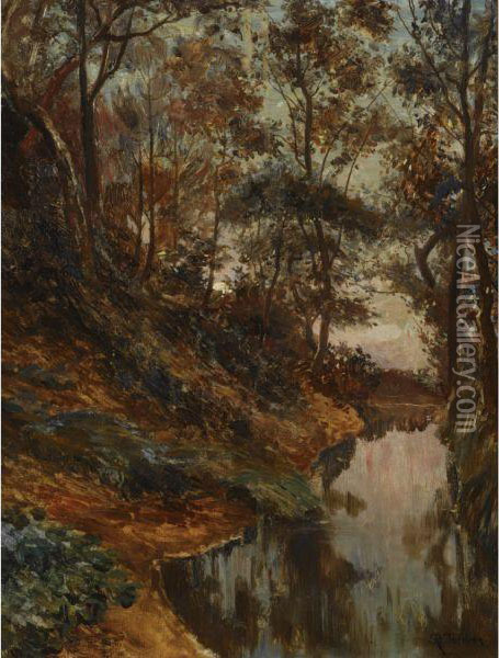 A Moonlit Wooded Landscape Oil Painting - Daniel J R Jordens