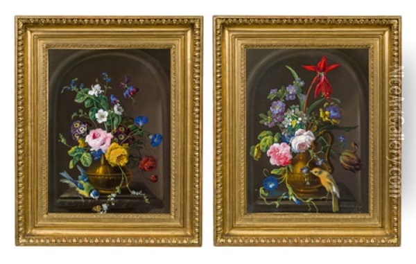 Pendants - Blumenstillleben Mit Schmetterling Und Blaumeise & Blumenstillleben Mit Schmetterling Und Fink (2 Works) Oil Painting - Johann Baptist Drechsler