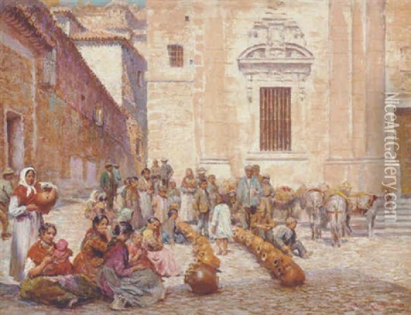 Figures In A Sunlit Spanish Square Oil Painting - Arthur Trevor Haddon
