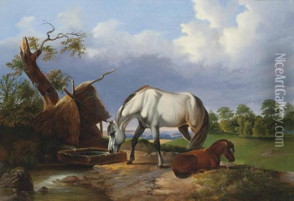 Grazing Horses Oil Painting - Johann Baptist Ii Dallinger Von Dalling