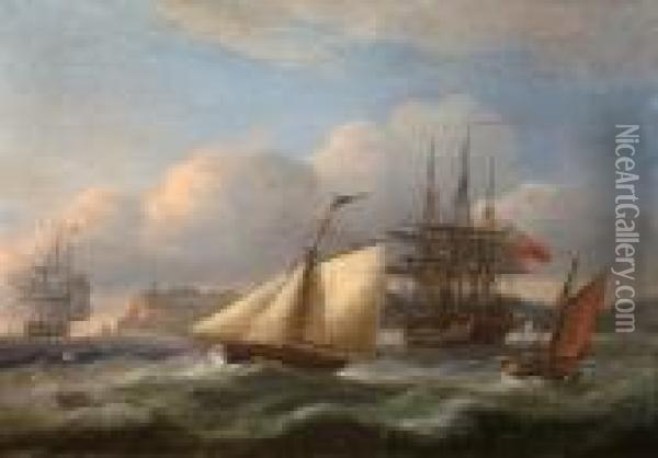 Shipping In Rough Seas, With Distantcliffs Oil Painting - Thomas Luny