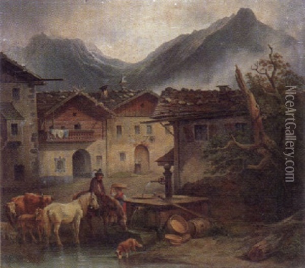 Bauernpaar Mit Vieh Am Dorfbrunnen Oil Painting - Friedrich Gauermann