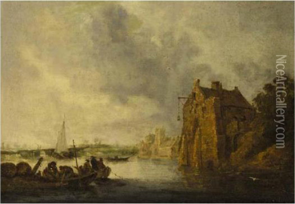 Landscape With Boats And Houses On A Riverbank Oil Painting - Jan van Goyen