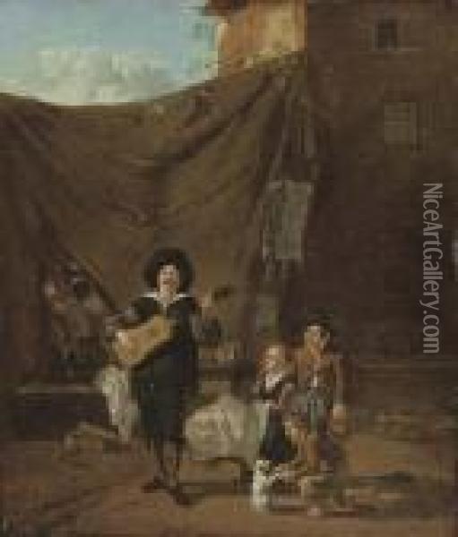 A Guitar Player With Children Looking On Oil Painting - Karel Dujardin