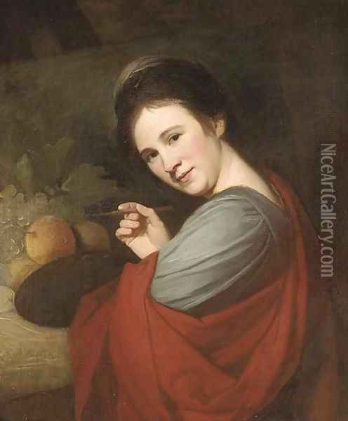 Portrait of Mary Moser, R.A. (1744-1819), half-length, holding a palette and brush, before fruit on a ledge Oil Painting - George Romney