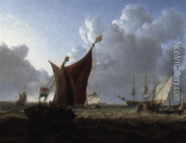 A Dutch Frigate Hoisting Sail Amongst Pinks And Barges Off The Shore Oil Painting - Charles Martin Powell