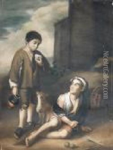 Two Spanish Boys With A Puppy In A Landscape Oil Painting - Bartolome Esteban Murillo
