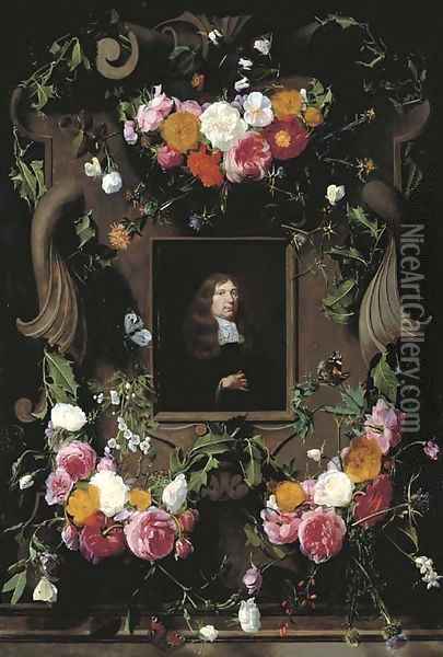 A cartouche surrounded by garlands of roses, thistle, holly and other flowers and butterflies with a later portrait of a gentleman, seated, bust-lengt Oil Painting - Daniel Seghers
