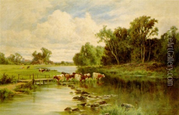 Cattle Watering Oil Painting - Henry H. Parker