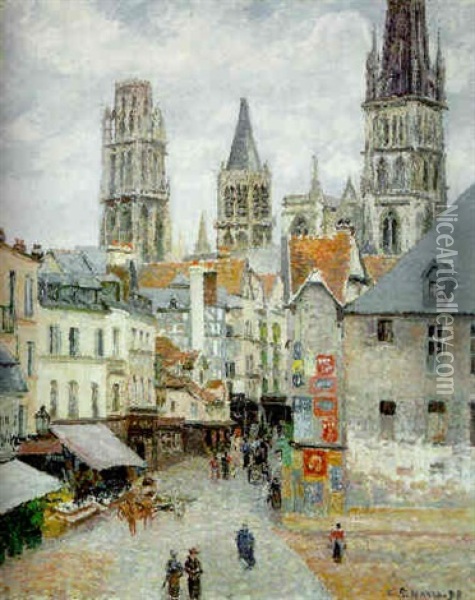 La Rue De L'epicerie A Rouen, Matin, Temps Gris Oil Painting - Camille Pissarro