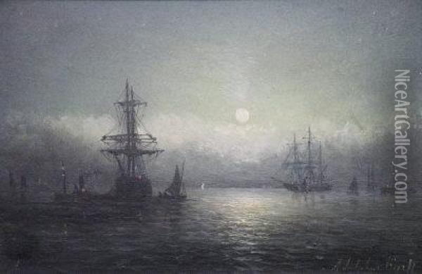 Moored Sailing Ships By Moonlight Oil Painting - William Adolphu Knell