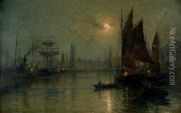 Scene De Port Au Clair De Lune Oil Painting - Georges Philibert Charles Maroniez