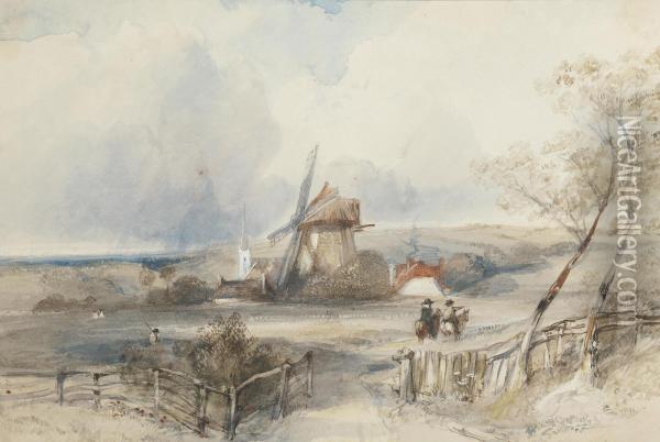 Travellers Before A Windmill Oil Painting - Thomas Miles Richardson