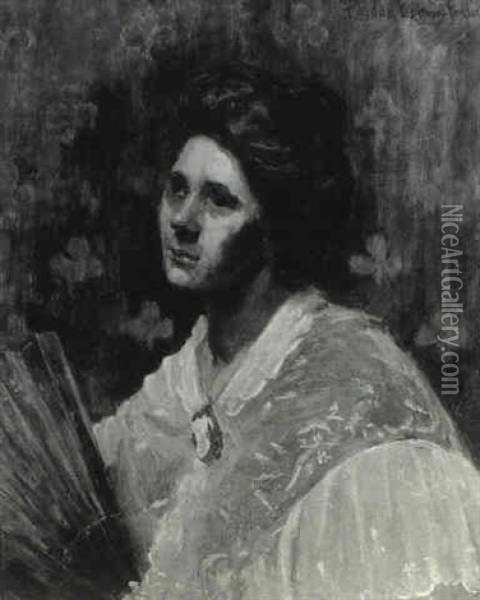 Portrait Of A Lady Wearing A White Shawl With A Hand Fan Oil Painting - Eurilda Loomis France