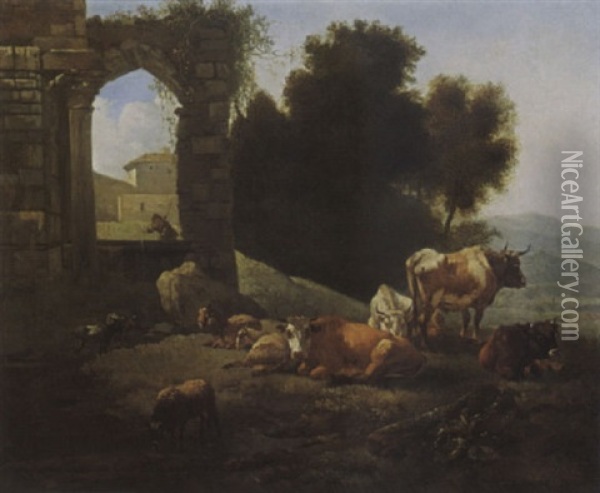 An Italianate Landscape With Cows, Sheep And Goats Resting And Watering In A Meadow, Near A Classical Ruins Oil Painting - Willem Romeyn