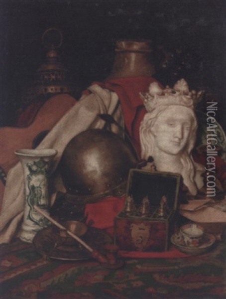 Chez L'antiquaire: A Cellar Rat, A Crowned Virgin, An Iron Helmet And Other Objects On A Turkish Carpet Oil Painting - Henri de Braekeleer