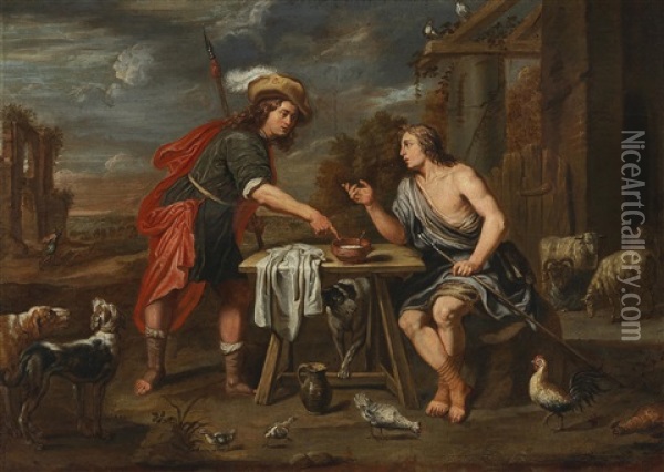Two Conversing Shepherds Oil Painting - Jan van den Hoecke