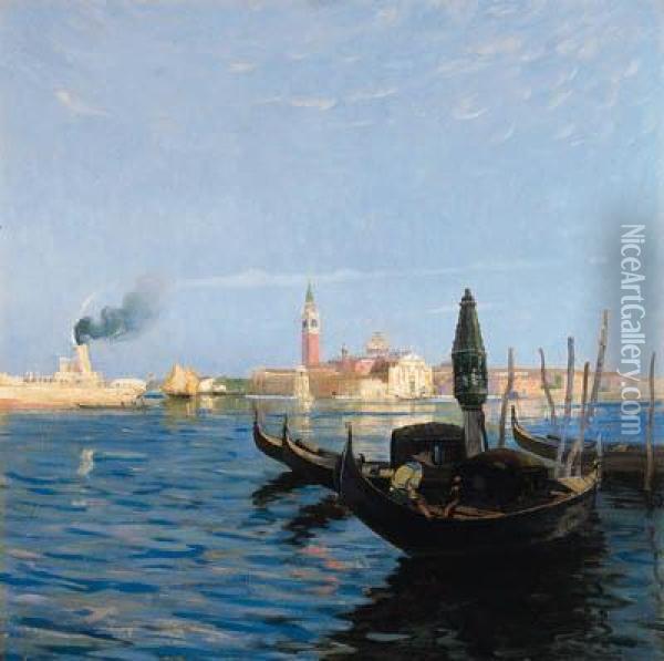 Venezia, Gondole A San Giorgio Oil Painting - Vittore Zanetti Zilla