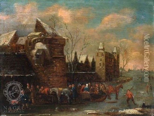 Eisvergnugen Auf Einem Kanal Vor Einer Stadtmauer Oil Painting - Thomas Heeremans