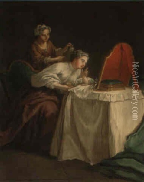 A Lady With Her Maid At Her Dressing Table Oil Painting - Etienne Jeaurat