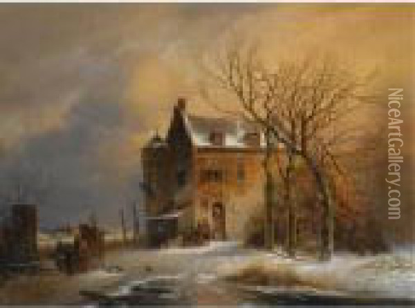 Figures Near A House In A Winter Landscape Oil Painting - Charles Henri Leickert