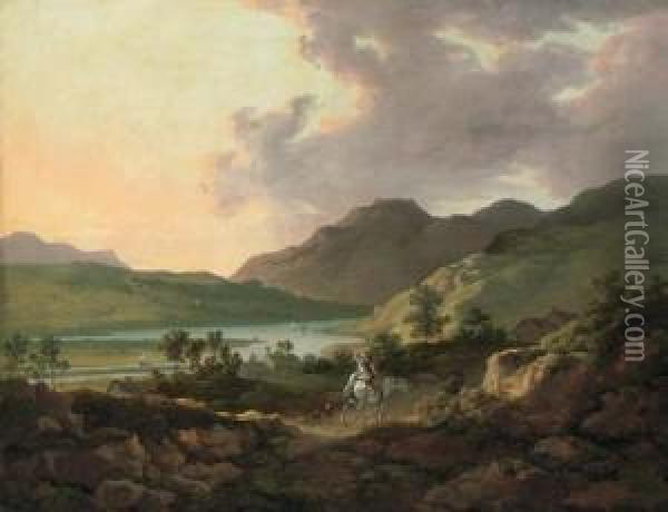 A Mountainous Lake Landscape 
With Travellers On A Path In The Foreground And Boats On The Lake Beyond Oil Painting - William Ashford
